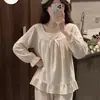 Pijama estilo palácio para mulheres, nova coleção primavera e outono 2026, manga longa doce de princesa, conjunto de loungewear de alta qualidade, adequado para usar fora