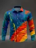 Nueva camisa de manga larga para hombre con base azul y estampado de salpicaduras naranja-amarillas, diseño audaz y llamativo, versátil para ir al trabajo
