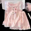 Pijama ligero y transpirable de tacto fresco para mujer, talla grande, corte holgado, ribete de encaje, cárdigan sin mangas con estampado de gato KT y copas incorporadas, conjunto de dos piezas