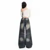 Jeans de mezclilla retro americanos desgastados para mujer, pantalones largos nuevos de pierna recta ancha acampanados, pantalones largos azules, longitud extendida azul