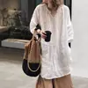 Novo Vestido Camisa Elegante de Linho e Ráfia de Comprimento Médio com Inspiração Zen Estilo Chinês