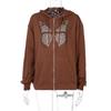 Moda Otoño 2025 Chaqueta Casual Holgada para Mujer Sudadera con Capucha de Manga Larga con Estampado de Mariposa y Pedrería para Mujer