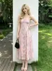 Vestido Midi Pastoral Slimming Temperament Estilo Doce Girly Europeu e Americano Comércio Exterior Feminino Costas Nuas Alças Finas Estampa Floral