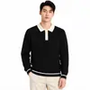 Suéter Polo de Punto para Hombre Estilo Old Money Bloque de Color en el Cuello Textura de Canalé Ropa Exterior Transfronteriza Holgada para Hombre Top de Manga Larga