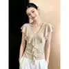 Camiseta de Manga Corta con Cuello en V y Volantes Estilo Francés para Mujer, Nuevo Estilo de Verano, Diseño Popular, Top Asimétrico Único y Hermoso
