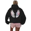 Sudadera de Felpa para Mujer de Comercio Exterior Transfronterizo con Capucha Alada, Bolsillo Canguro Estampado, Cordón de Ajuste y Sudadera con Capucha Estampada