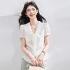 Ropa de Moda para Mujer de Comercio Exterior en Stock: Elegante Blusa de Rayas con Mangas Abullonadas, Nuevo Estilo Coreano de Verano con Cuello de Encaje y Mangas Cortas que Ceñen la Cintura