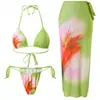 2026 Venda Quente Transfronteiriça Estilo Resort Sexy Alcinha Estampa Floral Vestido Longo Moda Praia Conjunto de Três Peças Feminino