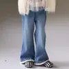 Jeans para Niñas 2026 Otoño Nuevo Alta Elasticidad Lavado Suave Mezclilla Adorno de Encaje Ligero Acampanados Pantalones Suaves para la Piel Casuales Largos