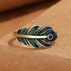 Anel de pena vintage cor esmalte azul artesanato estilo étnico personalidade versátil aberto ajustável acessórios para o dedo indicador