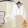 Conjunto da moda# Roupa pequena de outono/inverno Falso conjunto de duas peças com capuz Casual forrado com lã Calças de perna larga Conjunto de duas peças