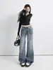 YECHUAN # Jeans de pierna ancha azules agrietados estilo retro americano para mujer, nuevo estilo de verano, de tiro bajo, holgados, adelgazantes, de corte recto