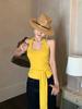 Camisola Dopamina Única Estilo Tailandés con Cuello Halter para Mujer con Cintura de Corbata y Espalda Descubierta, Adecuada para Vacaciones en la Playa, Top sin Mangas Amarillo de Verano