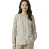 Camisa de Linho 100% Puro com Manga Sino Estilo Japonês para Mulheres, Blusa de Botão com Gola Redonda para Primavera e Verão, Camisa de Corte Solto com Proteção Solar para o Dia a Dia