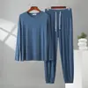 Pijama y pantalones de dormir para hombre de talla grande de primavera y otoño, nuevo modal de manga larga con cuello redondo y pantalón largo, se pueden usar afuera, ropa ligera para el hogar