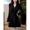 Vestido de Punto Negro Pequeño Fragante para Mujer Invierno Estilo Retro Francés Falda Suéter Básico de Corte A