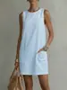 Amazon Ropa de mujer transfronteriza europea y americana verano bohemio holgado casual cuello redondo sin mangas bolsillo vestido de color liso