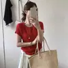 Diseño de Estilo Coreano de Verano, Nuevo Cárdigan de Punto Versátil Simple de Cuello Redondo Costillado Adelgazante de Manga Corta para Mujer en Blanco