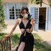 Traje de baño Femenino ins Super Hada Una pieza Pequeño Fragante V Profundo Sexy Espalda Descubierta Estilo Lujuria Pura Falda de Gasa Blanca Traje de baño de Vacaciones