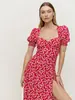 En stock transfronterizo ropa de mujer europea y americana transfronteriza 2023 nuevo vestido largo con estampado de manga corta abullonada y escote cuadrado con abertura en el bajo