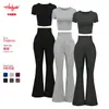 Primavera/Verano 2026 Nuevo Estilo Europeo y Americano Pantalones Acampanados Transfronterizos Crop Top de Cintura Alta Manga Corta Ropa Deportiva Multiusos Traje Casual para Mujer
