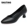 Zapatos Planos Cómodos y No Cansan Pies Zapatos Individuales Negros de Tacón Medio Tacón Grueso Tacón Bajo Zapatos de Piel Zapatos de Trabajo Herramienta de Trabajo Profesional para Mujer