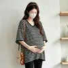 Ropa de Maternidad Camiseta Rayada de Cuello en V Moderna de Verano Tallas Grandes Cubre Vientre Adelgazante Cintura Alta Soporte de Vientre Pantalones de Maternidad Conjunto de Moda