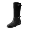 Botas de Caballero con Película de Capa de Cuero Vacuno para Mujer Botas Individuales Otoño e Invierno Nuevas Punta Redonda Hebilla Tacón Medio Calzado sin Cordones Botas de Media Pantorrilla para Mujer 40