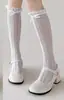 Calcetines de Encaje para Pantorrilla de Mujer, Calcetines Largos Blanco Leche con Lazo Medio, Calcetines Delgados Blancos de Seda Estilo Ballet Arrugados para Primavera y Verano