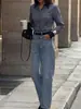 Camisa Feminina Transfronteiriça Europeia e Americana, Primavera e Outono, Gola Reversível, Listras Coloridas em Blocos, Manga Longa, Botões Frontais, Novo Estilo, Camisa Feminina Elegante de Corte Justo