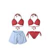 Traje de Baño Bikini Conjunto de Tres Piezas Dividido Vacaciones en Tailandia Sexy Chica Caliente Shorts a Rayas Traje de Baño de Playa para Aguas Termales Venta al por Mayor