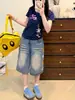 Shorts de mezclilla vintage estilo A para mujer talla grande, pantalones de verano holgados de cintura alta adelgazantes de pierna ancha recta de longitud media para mujeres talla grande
