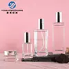 En stock juego de botellas de vidrio de pared gruesa cuadradas para cuidado de la piel 40-150 ml loción esencia botellas transparentes 50g botellas para crema facial