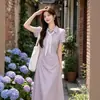 "White Tang Wu Li" Vestido Morado Elegante de Estilo Francés con Cuello Polo para Mujer, Vestido Camisa de Verano con Cintura Ajustable