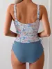 Traje de Baño Europeo y Americano Moda Cuerda Estampada Cintura Alta Plisado Dividido Traje de Baño Bikini de Dos Piezas Traje de Baño Transfronterizo