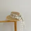 Novo Estilo de Verão Chapéu de Palha com Topo Plano Estilo Princesa para Meninas com Fita de Renda e Laço para Bebês, Chapéu de Sol para Praia