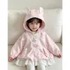 Chaqueta con Capucha de Orejas de Conejo para Niña, Elegante Chaqueta para Bebé con Adorno de Encaje, Chaqueta de Exterior con Estampado de Dibujos Animados para Primavera y Otoño
