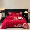 Juego de Cuatro Piezas de Algodón Puro con Forma de Corazón para Boda, Sábana de Cama Roja Brillante 100% Algodón, Funda de Edredón Festiva, Ropa de Cama de Lujo para Bodas para Recién Casados