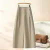 Calça Khaki Wide Leg Feminina 2026 Primavera e Outono Nova Casual Longa Cintura Alta Versão Estreita Perna Reta Curva Calça de Alfaiataria