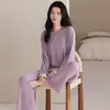 Pijama Listrado de Algodão Modal com Costelas e Mangas Longas para Mulheres, Conjunto de Gola Redonda Listrado, Roupas de Casa Soltas e Confortáveis de Cor Sólida para Primavera e Outono