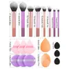 Set de Brochas de Maquillaje de Mango Largo Multicolor de 8 Piezas + Set Combinado de 9 Esponjas para Polvo, Negro, Múltiples Colores Disponibles