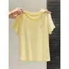 Camiseta base de algodón de bambú amarillo cremoso de manga corta para mujer, de verano, fina, casual, hombro normal, transpirable, estilo coreano