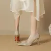 Zapatos de Boda con Flor de Lentejuelas de Cristal 2025 Tacón Alto Puntiagudos Zapatos Principales de Novia Color Champaña Brillante Zapatos para Banquete de Boda de Compromiso
