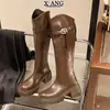 Botas longas de couro genuíno com corte em V para afinar, com zíper traseiro, botas até o joelho para mulheres, solado grosso, que aumentam a altura, salto grosso, botas de montaria pretas