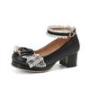 Novos sapatos femininos de camada única para primavera e outono, com miçangas e salto grosso, em couro envernizado doce com laço Norita, sapatos femininos de camada única