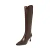 Botas de caballero de piel de vaca de dos capas para mujer, botas largas de caña alta, nuevas para otoño e invierno, punta fina, tacón de aguja, cremallera lateral, botas hasta la rodilla, botas para mujer