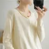 Suéter de Tricô de Algodão com Gola V, Borda Enrolada, Bolso Falso, Pulôver Solto, Cor Sólida, Camiseta Base Top para Mulheres