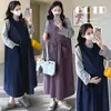 Toma real~ Vestido chaleco de pana suelto de otoño para embarazadas de un solo botón + Camisa base de encaje con forma de corazón de cuello semi-alto