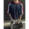 Camiseta masculina de verão estilo universitário, gola redonda, listrada, com blocos de cor de três listras estilo americano, manga curta, camisa casual esportiva para casal