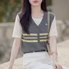 2026 Verano Nuevo Camiseta de Manga Corta Simple con Bloques de Color Rayados, Estilo Patchwork, Falsa de Dos Piezas, Holgada para Mujer 11981